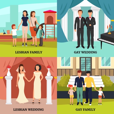 Homosexual family concept icons set with gay and lesbian wedding symbols flat isolated vector illustration