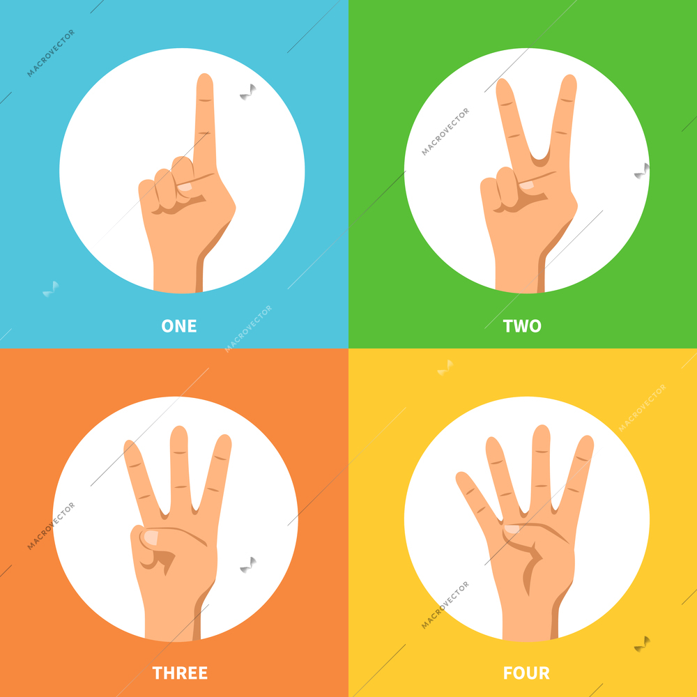 Counting one two three four hands signs 2x2 design concept on colorful backgrounds flat isolated vector illustration