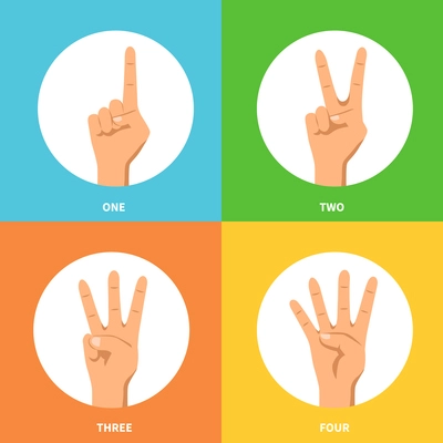 Counting one two three four hands signs 2x2 design concept on colorful backgrounds flat isolated vector illustration