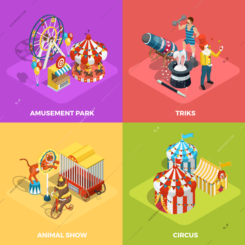 Travel circus performance 4 isometric icons square composition with animals show and magician tricks isolated vector illustration