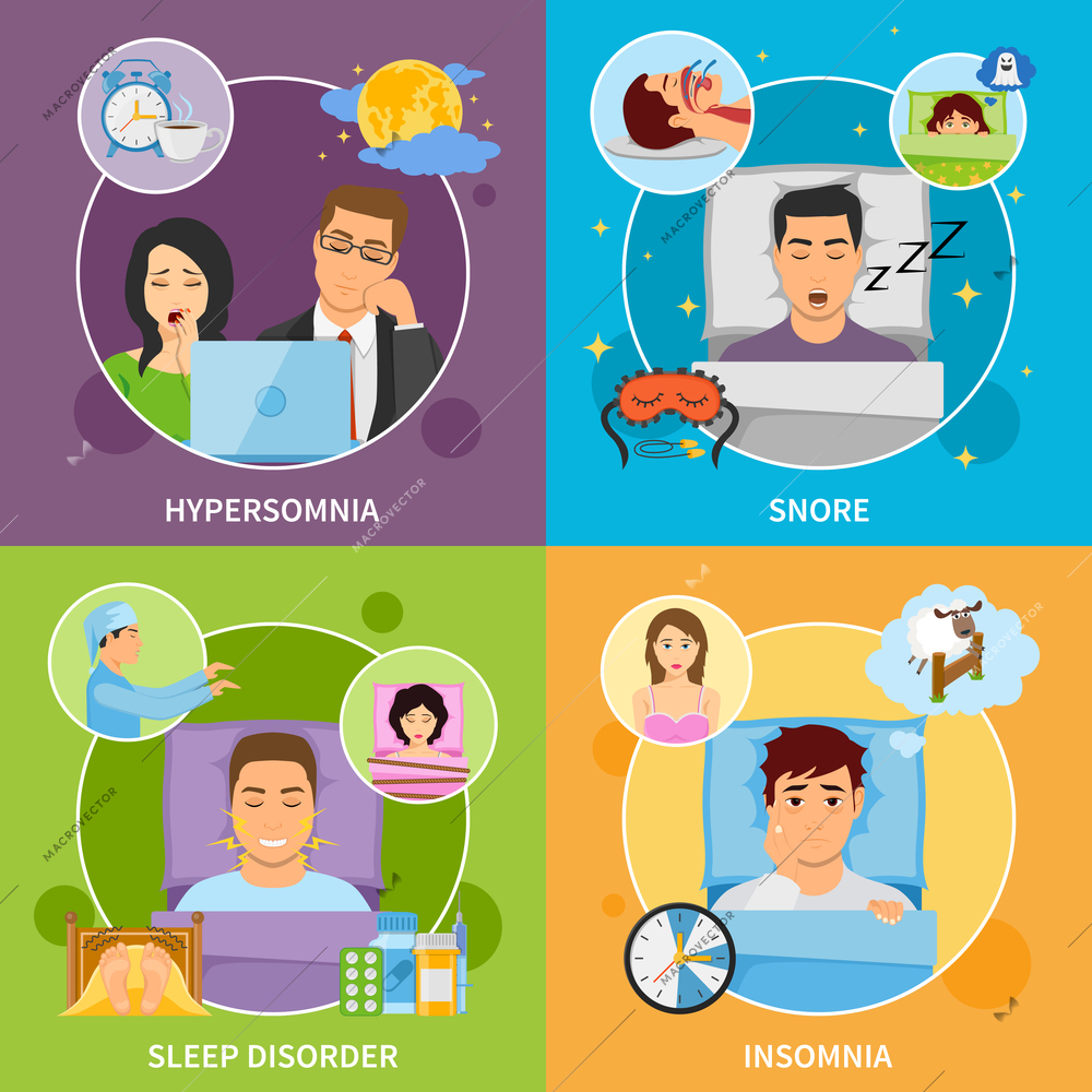 Four square sleeping disorder compositions with flat images representing different kinds of somnipathy with patient characters vector illustration