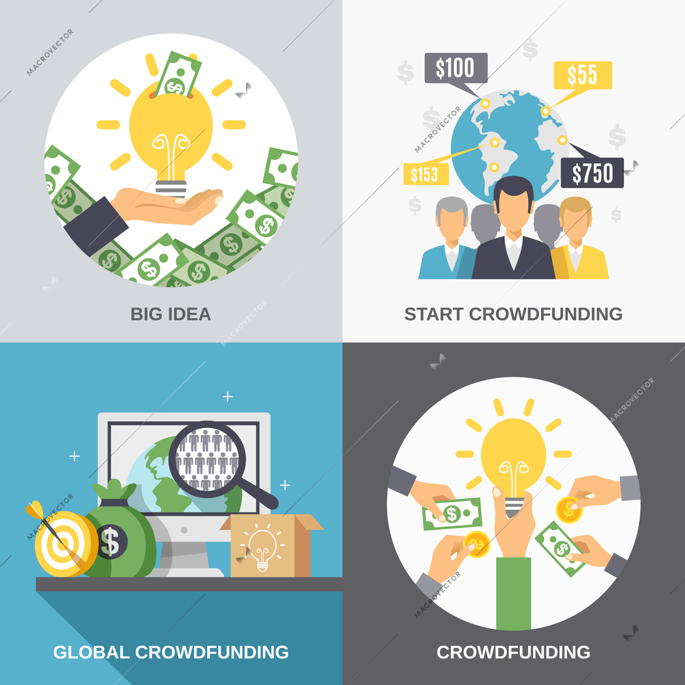 Crowdfunding 2x2 design concept with business idea finance investment and global donation icons compositions flat vector illustration