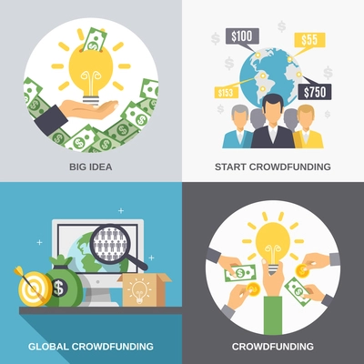 Crowdfunding 2x2 design concept with business idea finance investment and global donation icons compositions flat vector illustration