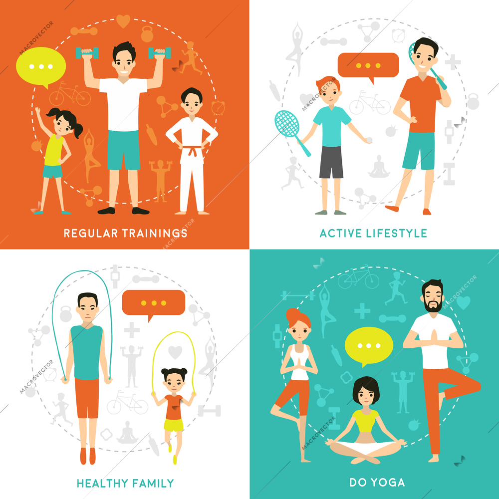 Healthy family flat concept with parents children involving in sport physical active lifestyle vector illustration