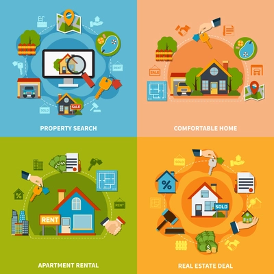 Real estate 2x2 design concept with property search and apartment rental icons on colorful backgrounds flat isolated vector illustration