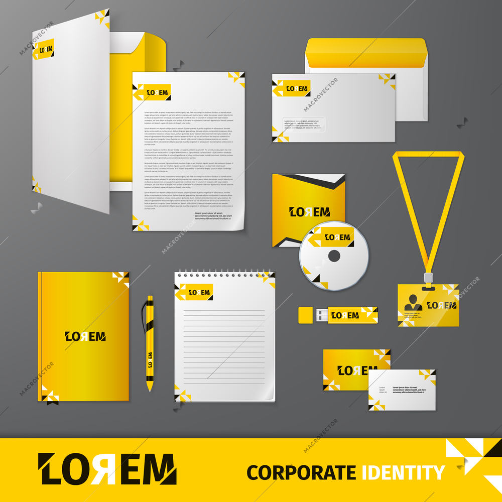 Yellow geometric technology business stationery template for corporate identity and branding set isolated vector illustration