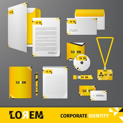 Yellow geometric technology business stationery template for corporate identity and branding set isolated vector illustration