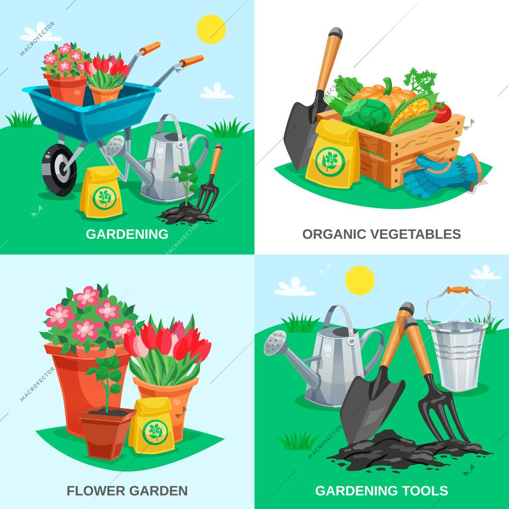 Garden 2x2 design concept set of organic vegetables garden flowers tools and inventory colored compositions flat vector illustration