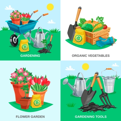 Garden 2x2 design concept set of organic vegetables garden flowers tools and inventory colored compositions flat vector illustration
