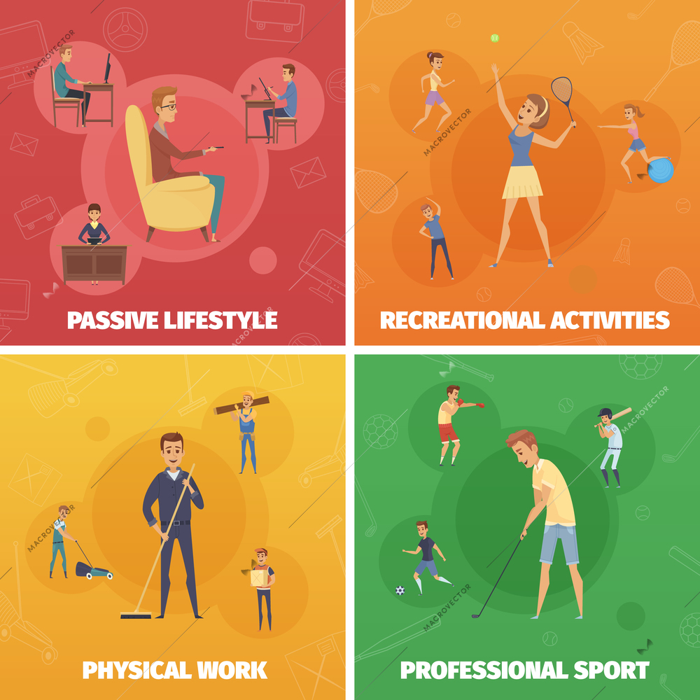 Four compositions set with active lifestyle images of human characters doing sport physical and leisure activities vector illustration