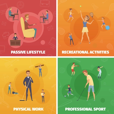 Four compositions set with active lifestyle images of human characters doing sport physical and leisure activities vector illustration