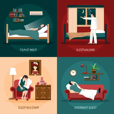 Sleeping poses design concept with sleepwalking sleep in chair overnight guest and film at night  2x2 compositions flat vector illustration