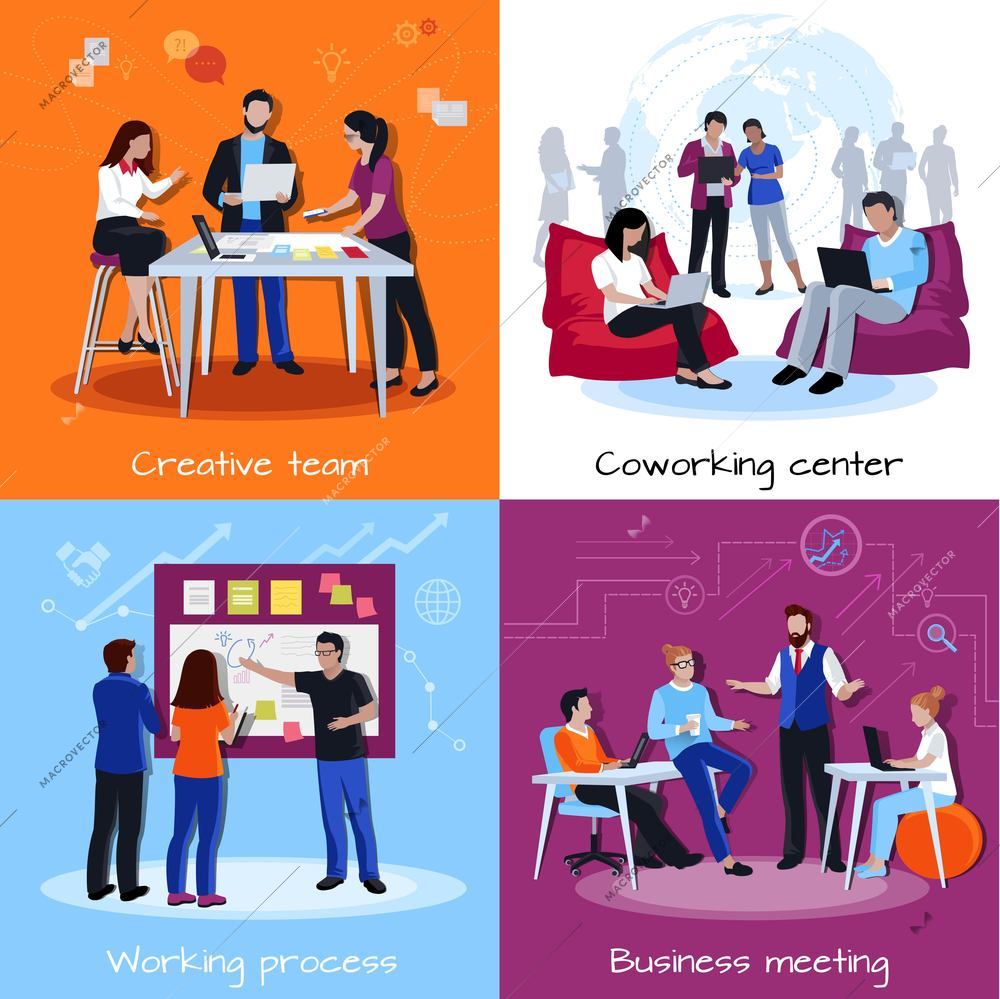 Coworking people 2x2 design concept with team of creative employees meeting discussing working together flat vector illustration