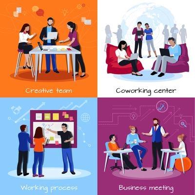 Coworking people 2x2 design concept with team of creative employees meeting discussing working together flat vector illustration