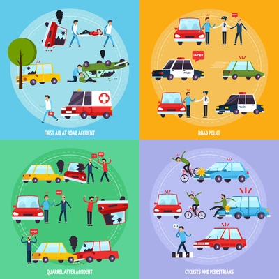 Road accident concept icons set with cyclists and pedestrians symbols flat isolated vector illustration