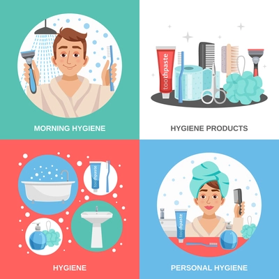 Hygiene design concept with cartoon compositions of personal hygiene products combs shavers and happy human character vector illustration