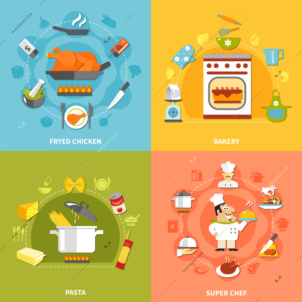 Culinary flat concept with recipes ingredients for different dishes cooking at home and chef tasks vector illustration