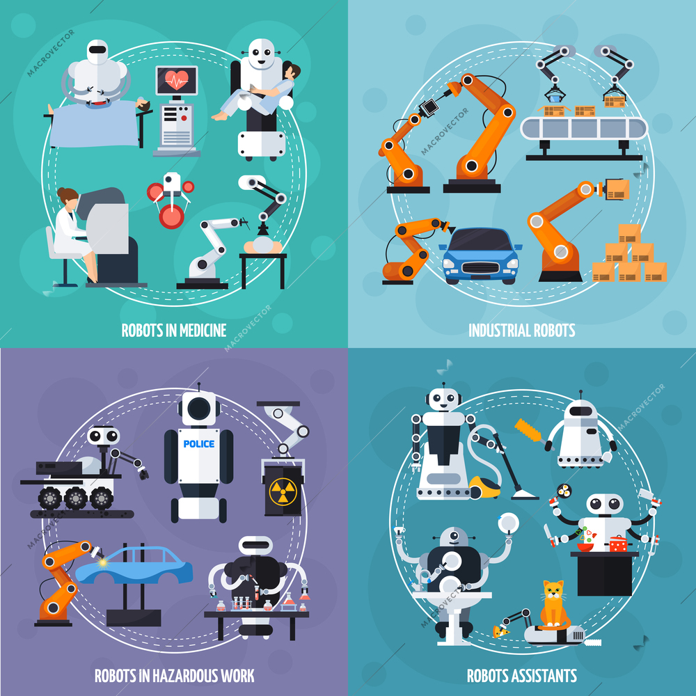 Robots concept icons set with industrial robots symbols flat isolated vector illustration