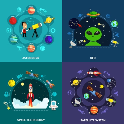 Space exploration concept icons set with astronomy and UFO symbols flat isolated vector illustration