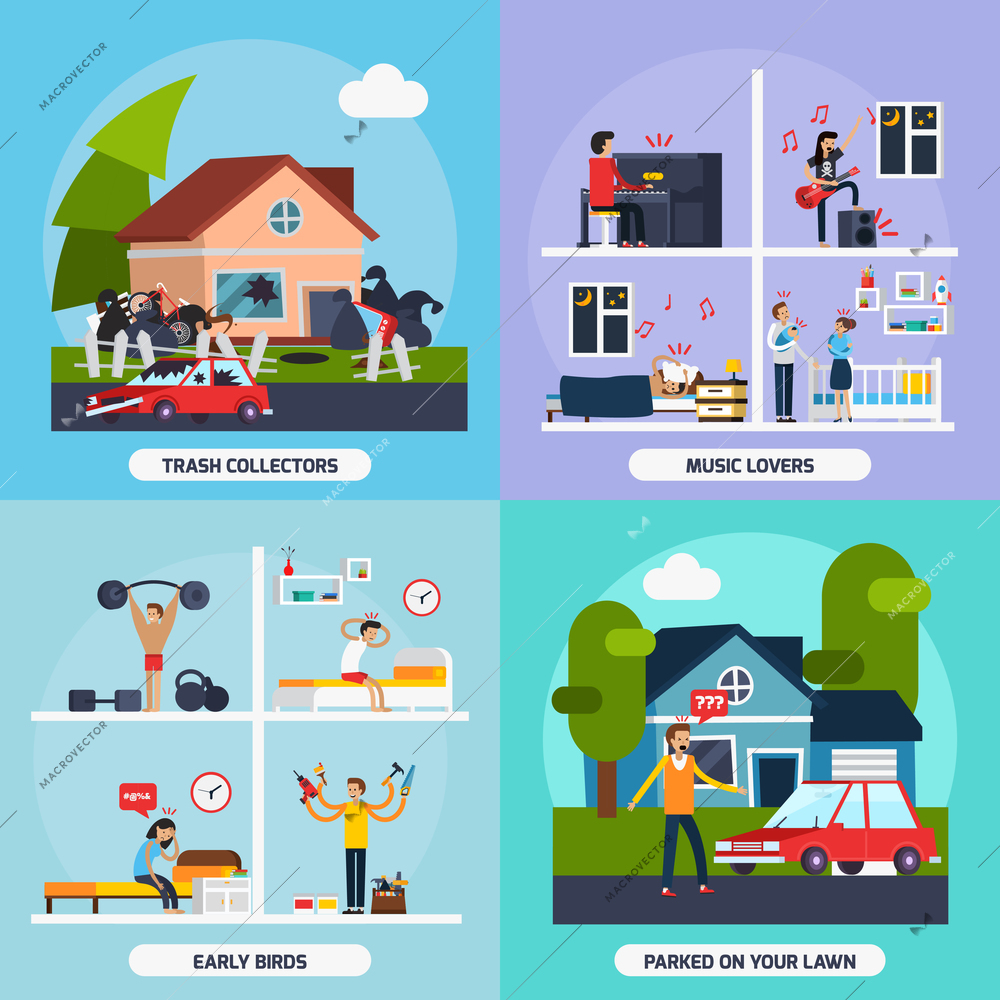 Conflicts with neighbors concept icons set with music lovers and trash collectors symbols flat isolated vector illustration