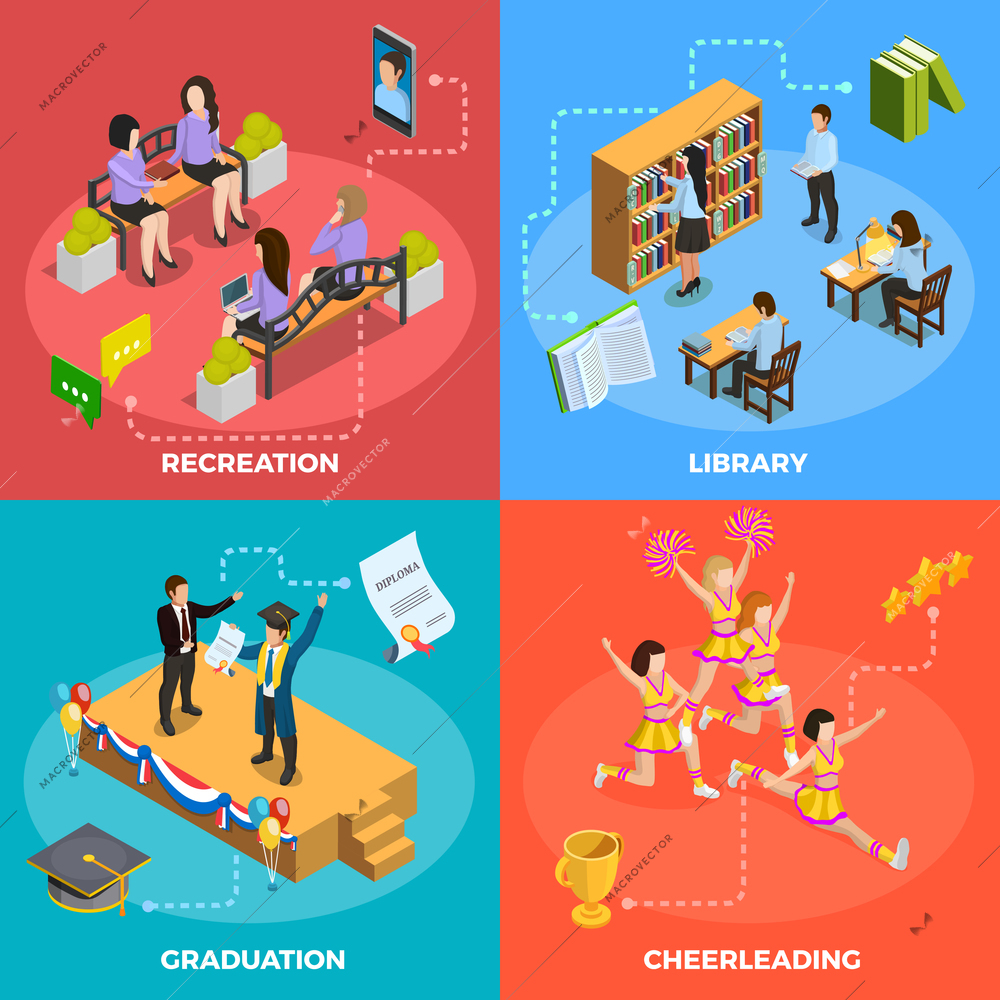 University students 4 isometric icons square poster with recreation graduation cheerleading and library moments isolated vector illustration