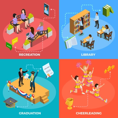 University students 4 isometric icons square poster with recreation graduation cheerleading and library moments isolated vector illustration