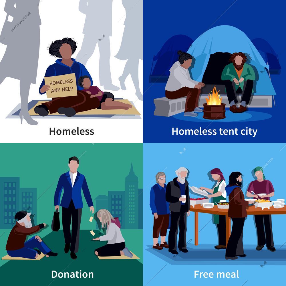 Homeless people 2x2 design concept with hungry beggar sitting on sidewalk man making donation free meal flat vector illustration