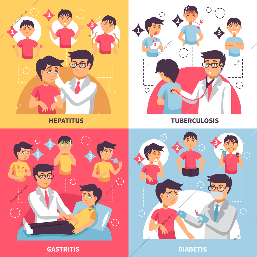 Illnesses design concept with four square compositions funny boy and doctor characters with infographic symptomatic images vector illustration