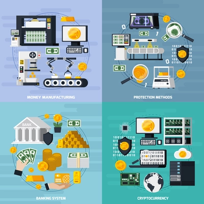 Money manufacturing concept icons set with protection methods symbols flat isolated vector illustration