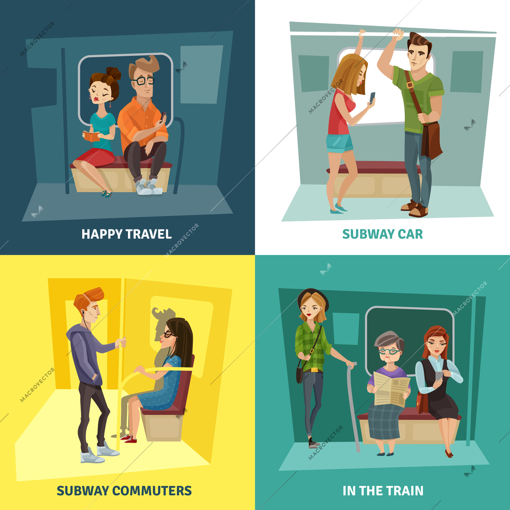 Subway people concept icons set with commuters symbols flat isolated vector illustration