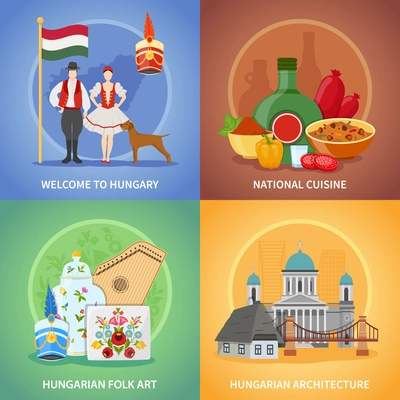 Four hungary flat square compositions set with national cuisine costumes architecture and hungarian folk art images vector illustration