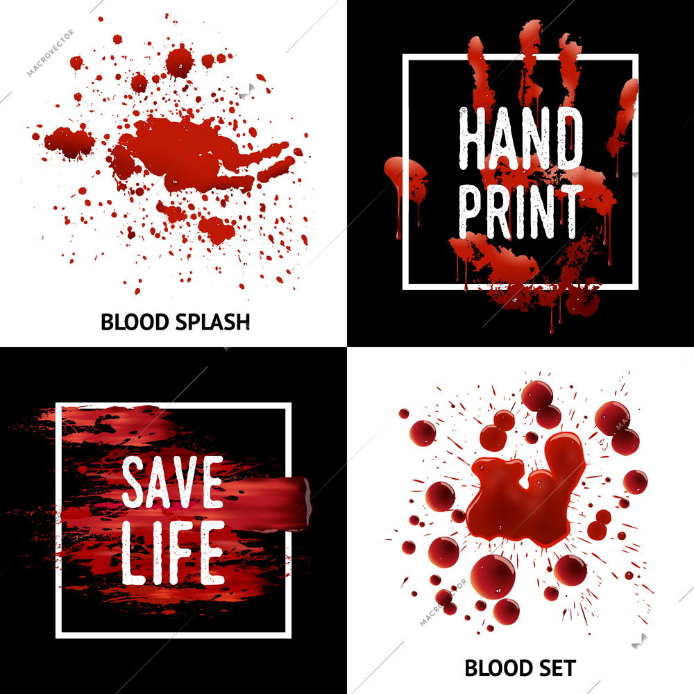 Save life awareness concept 4 square icons poster design with blood splatters bloodstains and handprint isolated vector illustration
