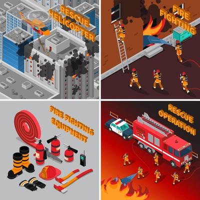 Fireman isometric concept with firefighter equipment and different kinds of rescue operations vector illustration