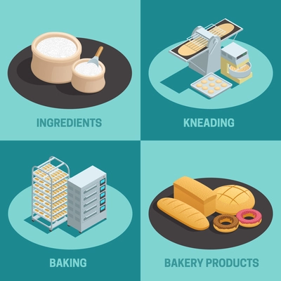 Four bakery factory isometric icon set with ingredients kneading baking and bakery products descriptions vector illustration