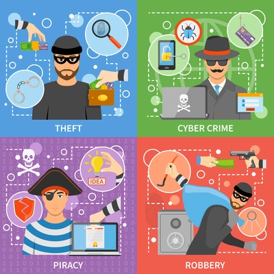 Flat crime concept with property money theft virus attack threats intellectual information stealing vector illustration