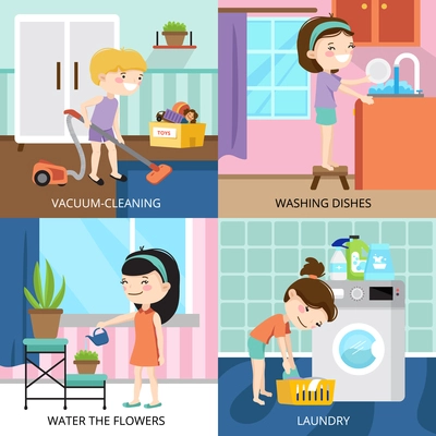 Colorful cartoon 2x2 design concept with kids cleaning house isolated vector illustration