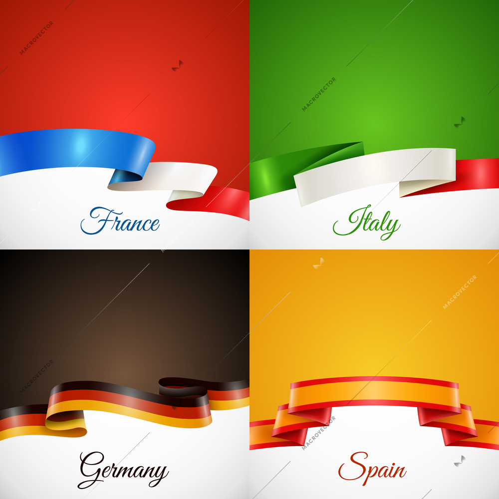 Flag design ribbon concept icons set with France Italy Germany and Spain symbols  flat isolated vector illustration