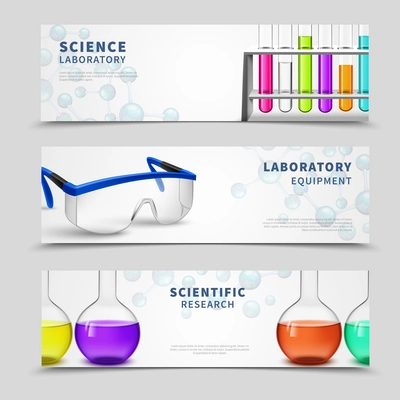 Three compact horizontal banners set with lab equipment scientific research symbols bottles colorful tubes flat vector illustration