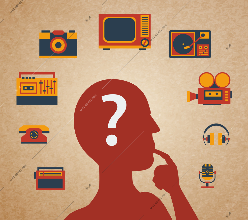 Difficult choice, silhouette of the head and media icons vector illustration