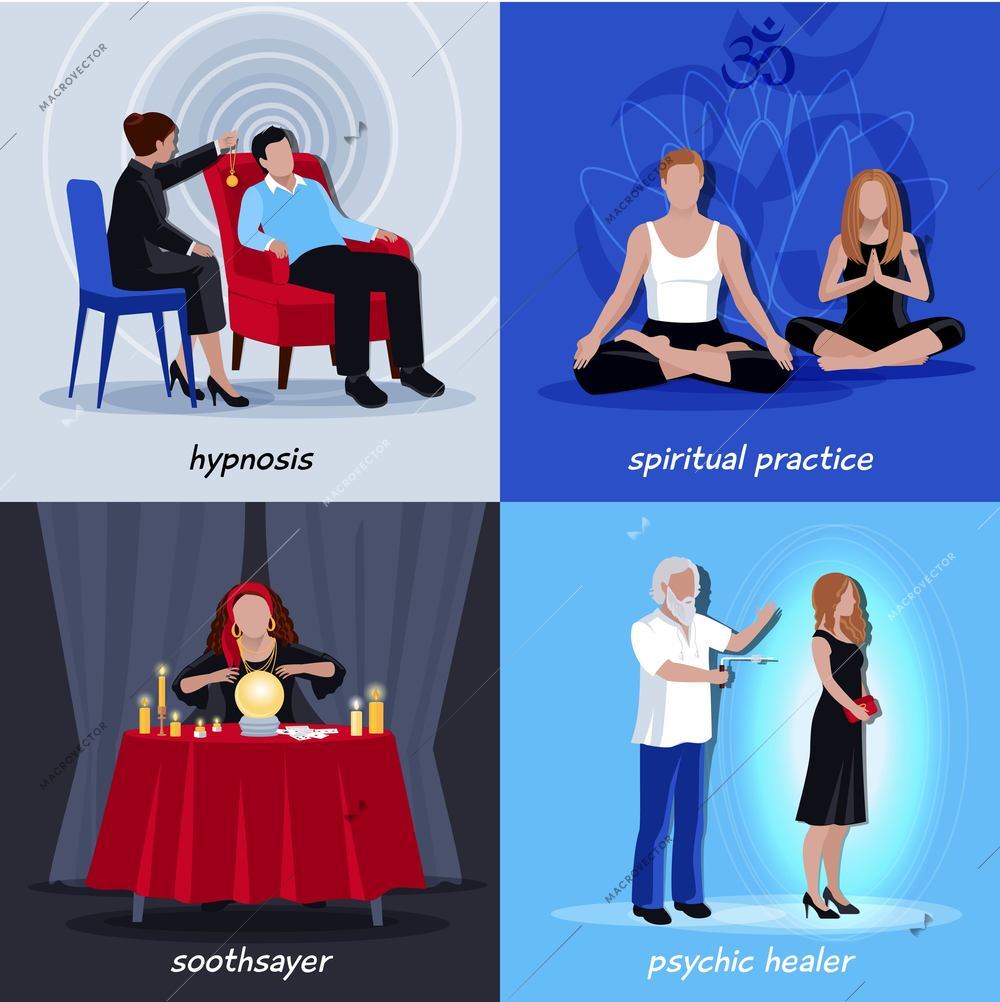 Four square hypnotism extrasensory icon set with spiritual practice soothsayer physic healer descriptions vector illustration