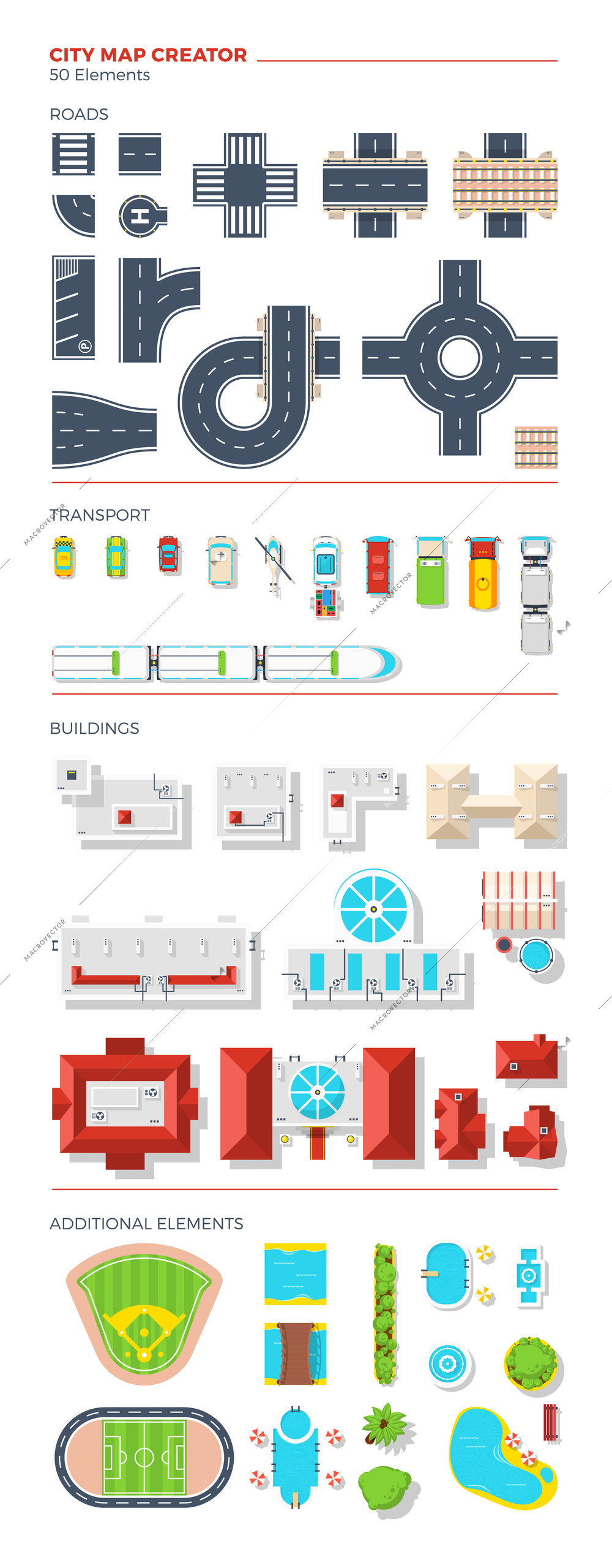 City map creator of top view elements grouped by roads transport buildings and additional objects vector illustration