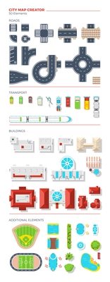 City map creator of top view elements grouped by roads transport buildings and additional objects vector illustration