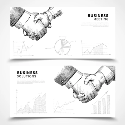 Abstract business banners horizontla set with sketch handshake and graphs on background isolated vector illustration