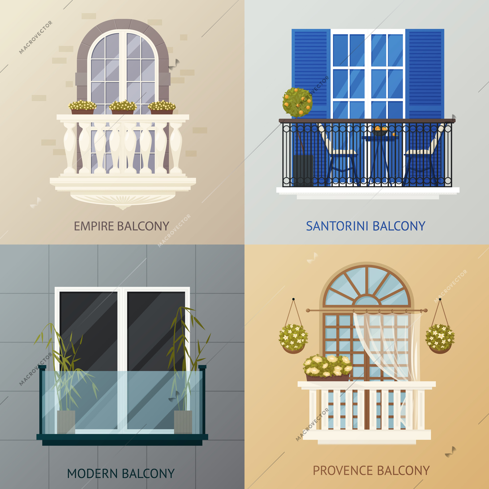 Four square compositions set with antique classic and modern balcony design concept with flat window images vector illustration