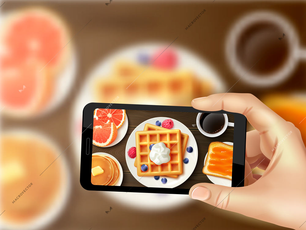 Sweet healthy breakfast with waffles berries orange and coffee top view smartphone photo sharing realistic vector illustration