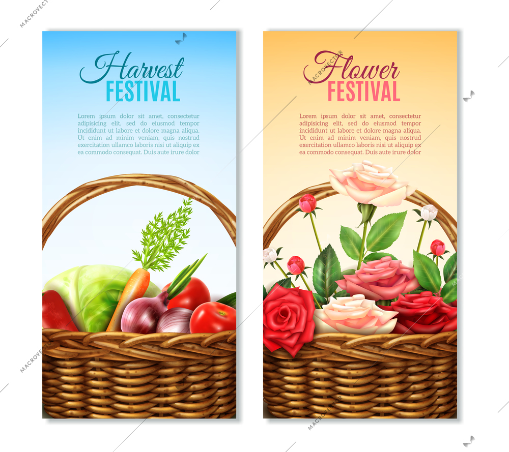 Traditional round wicker baskets with vegetables and roses 2 vertical festival colorful backgrounds banners set isolated vector illustrations