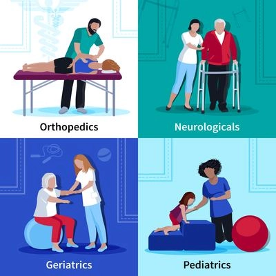 Physiotherapy sessions for geriatric patients with neurological disorders and kids 4 flat icons square isolated vector illustration