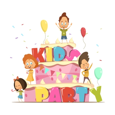 Kids party flat design template for children with giant cake and group of cartoon personages retro vector illustration