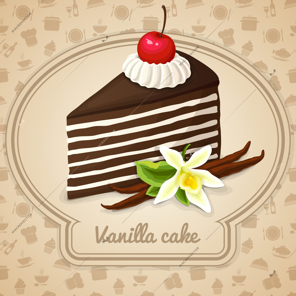 Vanilla layered cake dessert with chocolate cream cherry and food cooking icons on background vector illustration