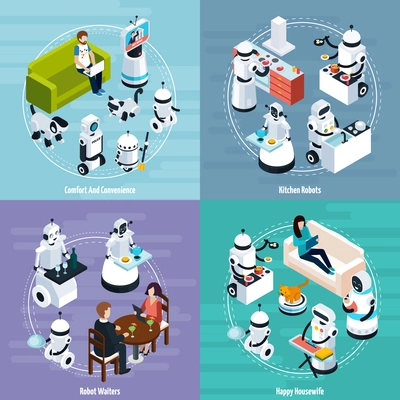 Kitchen and housewife home robots 2x2 isometric design concept of cleaning washing cooking waiters functions vector Illustration